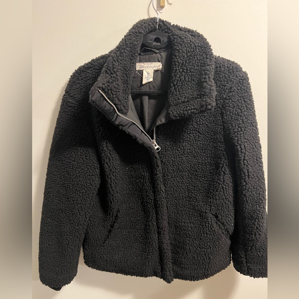 LOGG. Black Teddy jacket with silver zipper. Size S